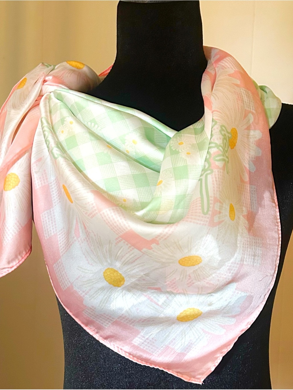 Betsey Johnson Green & Pink Gingham w/Floral Daisy & Logo Designer Scarf NWT $48